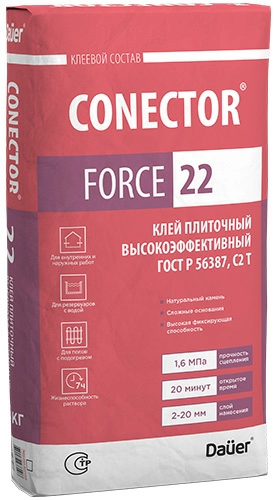 Клей плиточный высокоэффективный Conector Force 22 С2 T, 25 кг, Dauer, мешок
