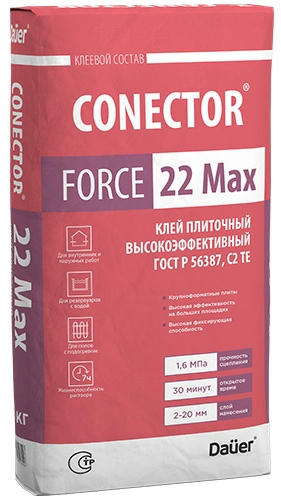 Клей плиточный высокоэффективный Conector Force 22 Max С2 TЕ, 25 кг, Dauer, мешок