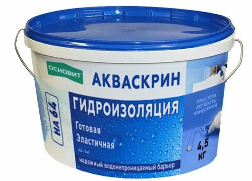 Гидроизоляция готовая эластичная ОСНОВИТ АКВАСКРИН HA64, 4.5 кг