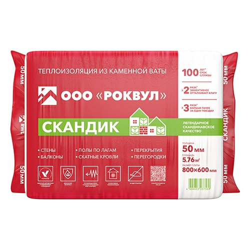 Утеплитель Лайт Баттс Скандик (минвата Rockwool), 800х600х50 мм 12 шт (5,76 м2, 0,288 м3) в упаковке