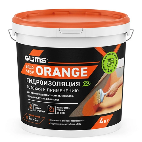 ВодоSTOP ORANGE. Готовая гидроизоляция GLIMS, паста, ведро 4 кг