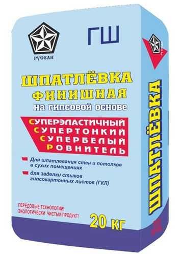 Шпатлёвка финишная на гипсовой основе, Русеан, белая, 20 кг