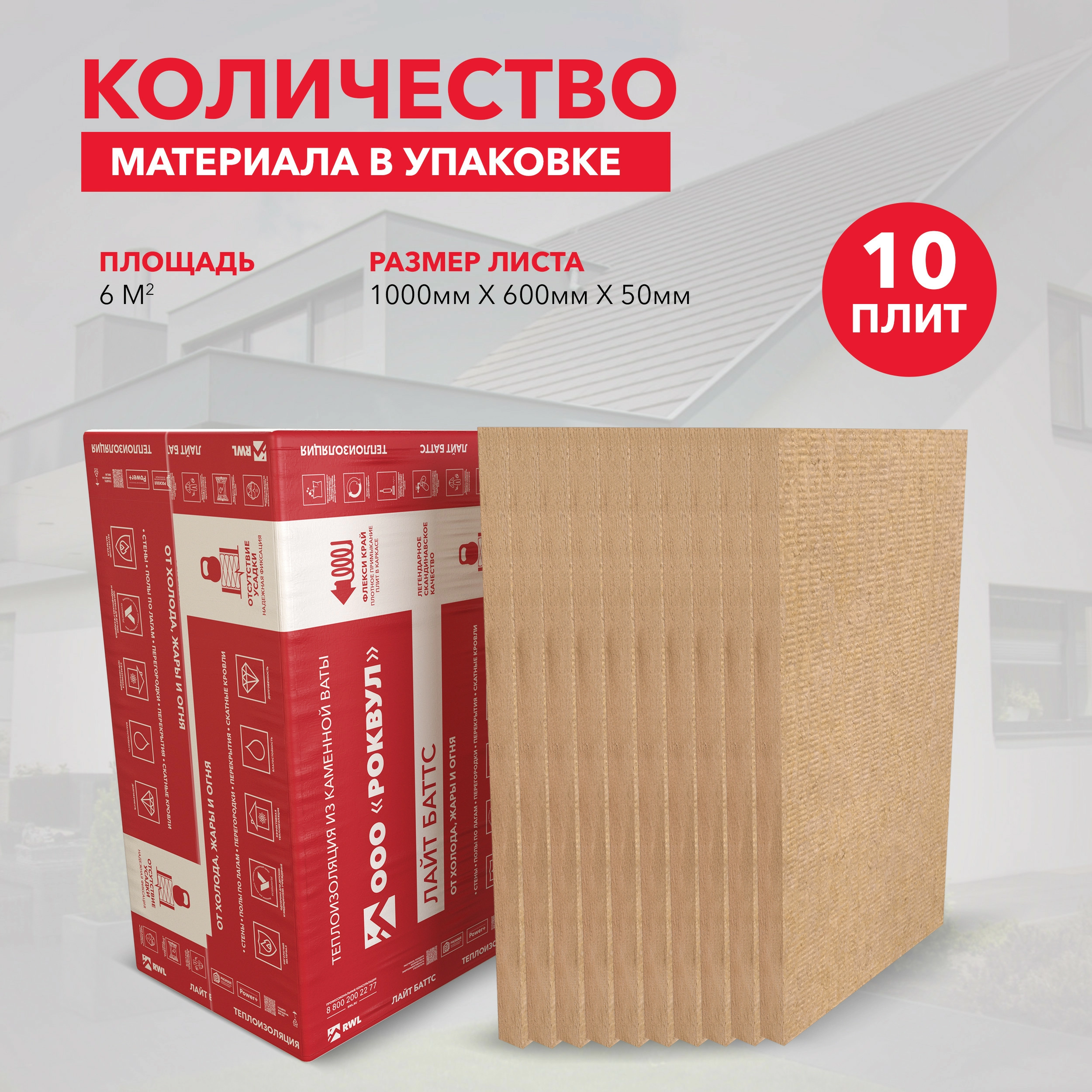 Минеральная вата ROCKWOOL Лайт Баттс (1000х600х50) 10 шт (6 м2, 0,3 м3) в упаковке