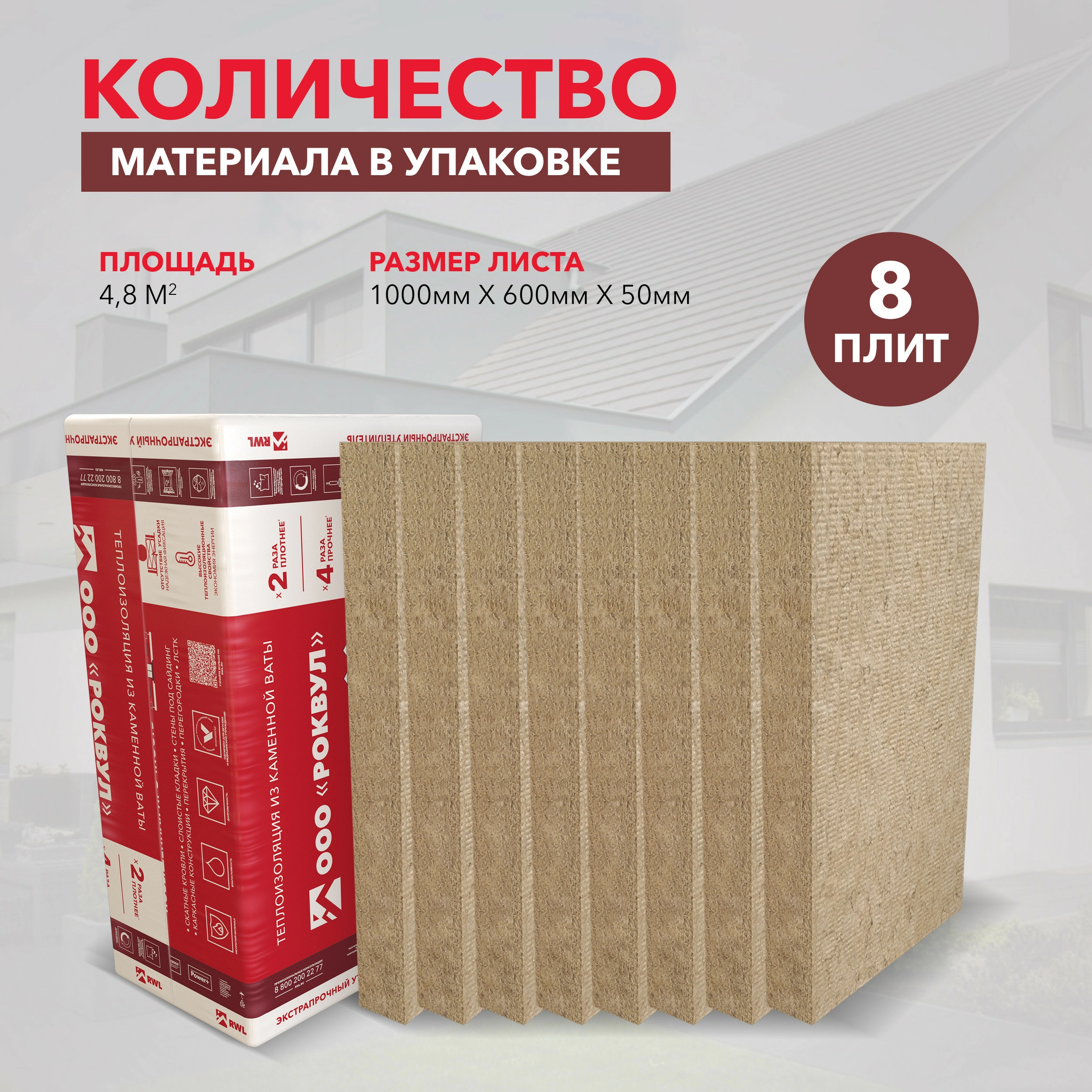Минеральная вата ROCKWOOL Лайт Баттс Экстра (1000x600x50) 8 шт (4,8 м2, 0,24 м3) в упаковке