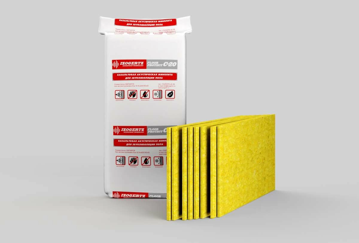 Шумопоглощающая минплита Izogertz Floor Protect С-20 (1200x600x20мм) в уп. 8шт. 5,76 м2. пл.90±10 кг/м3