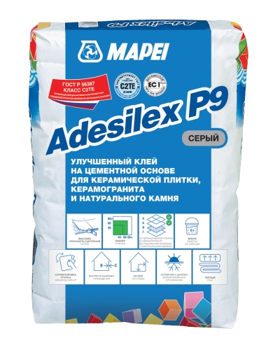 Клей на цементной основе для керамической плитки и керамогранита ADESILEX P9, серый, Mapei, 25 кг