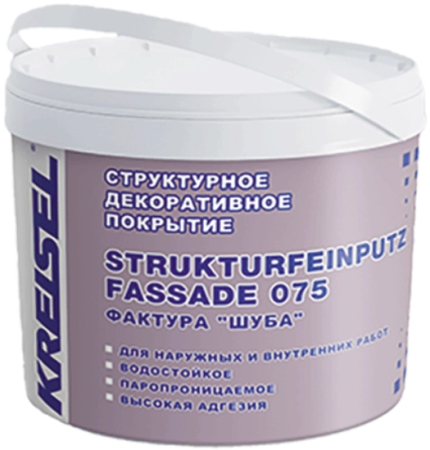 STRUKTURFEINPUTZ 075 FASSADE, Структурное покрытие для фасадов и стен помещений, рельефное покрытие типа "шуба", для внутренних и наружных работ, цветовая группа 1, KREISEL