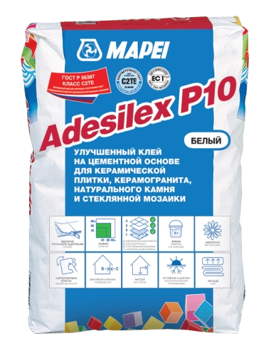 Клей на цементной основе для керамической плитки и керамогранита ADESILEX P10, белый, Mapei, 25 кг