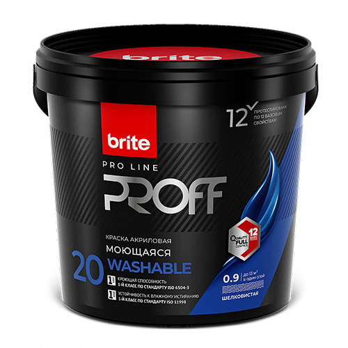 Краска BRITE PROFESSIONAL интерьерная моющаяся белая шелковистая база А, ведро 0,9 л