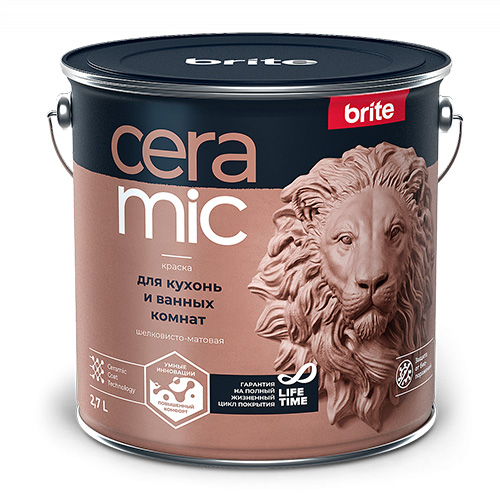 Краска BRITE CERAMIC для кухонь и ванных комнат белая база А, ведро 2,7 л