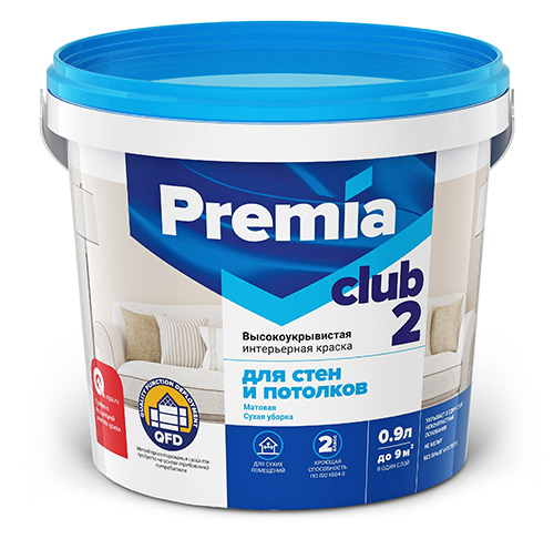 Краска PREMIA CLUB 2 для стен и потолков белая база А, ведро 0,9 л