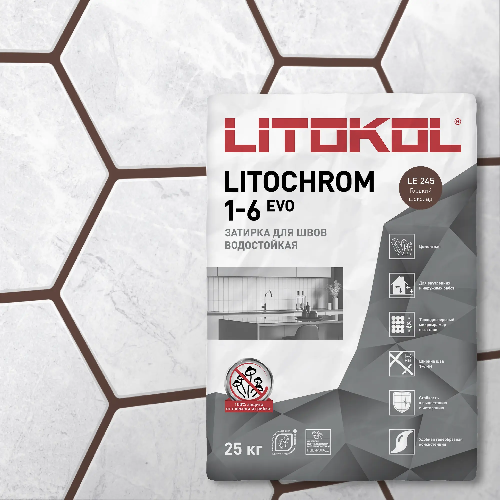 Затирка LITOCHROM 1-6 EVO, Оттенок LE.245 Горький шоколад, мешок, 25 кг, LITOKOL