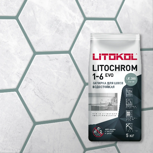 Затирка LITOCHROM 1-6 EVO, Оттенок LE.385 нефрит, мешок, 5 кг, LITOKOL