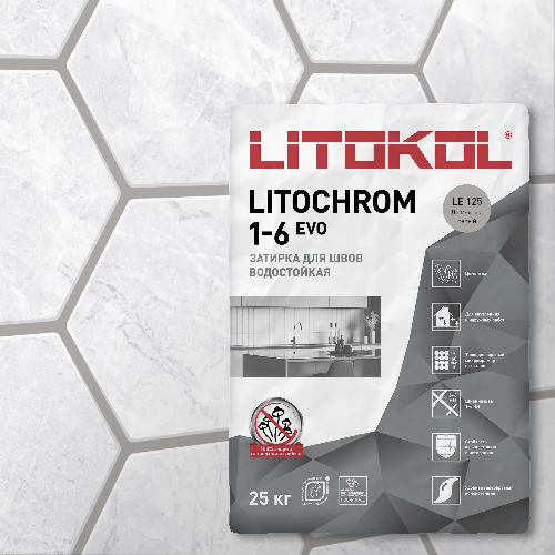 Затирка LITOCHROM 1-6 EVO, Оттенок LE.125 Дымчатый серый, мешок, 25 кг, LITOKOL