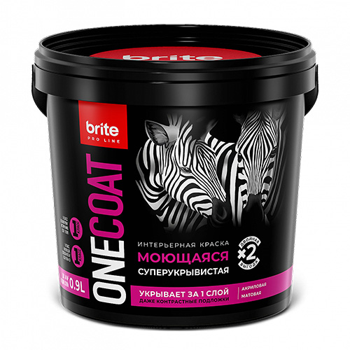 Краска BRITE PROFESSIONAL ONE COAT интерьерная моющаяся высокоукрывистая база А, банка 0,9 л