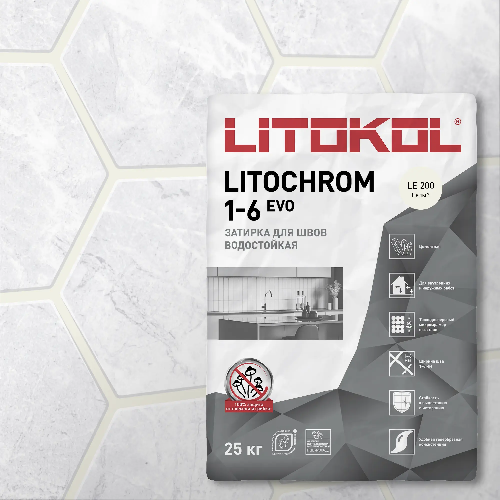 Затирка LITOCHROM 1-6 EVO, Оттенок LE.200 Белый, мешок, 25 кг, LITOKOL