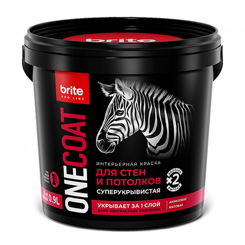 Краска BRITE PROFESSIONAL ONE COAT для стен и потолков высокоукрывистая база А, ведро 0,9 л