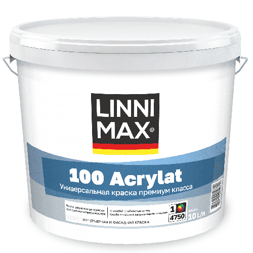 Краска водно-дисперсионная для наружных и внутренних работ LINNIMAX 100 Acrylat / 100 Акрилат База 1, 10 л