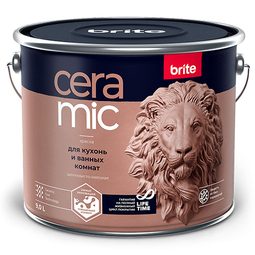 Краска BRITE CERAMIC для кухонь и ванных комнат база С, ведро 9 л