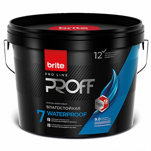 Краска BRITE PROFESSIONAL интерьерная влагостойкая белая глубокоматовая база А, ведро 9 л