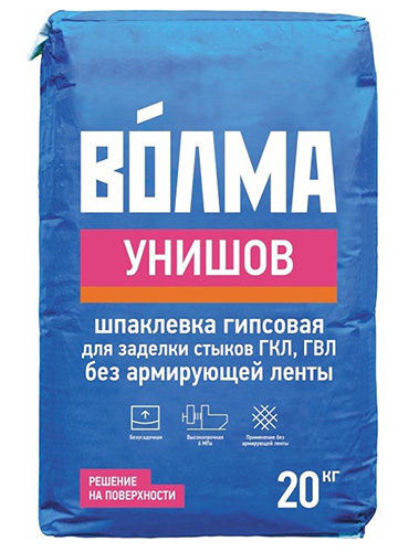 Гипсовая шпаклевка для заделки стыков ГКЛ, ГВЛ без армирующей ленты ВОЛМА-Унишов, 20 кг