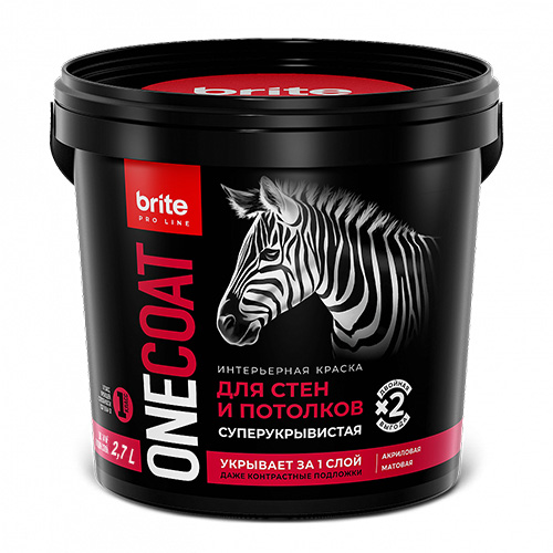 Краска BRITE PROFESSIONAL ONE COAT для стен и потолков высокоукрывистая база А, ведро 2,7 л