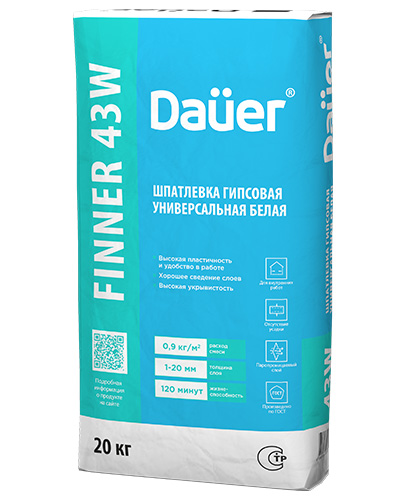 Шпатлевка гипсовая выравнивающая белая FINNER INTER 43W, мешок 20 кг