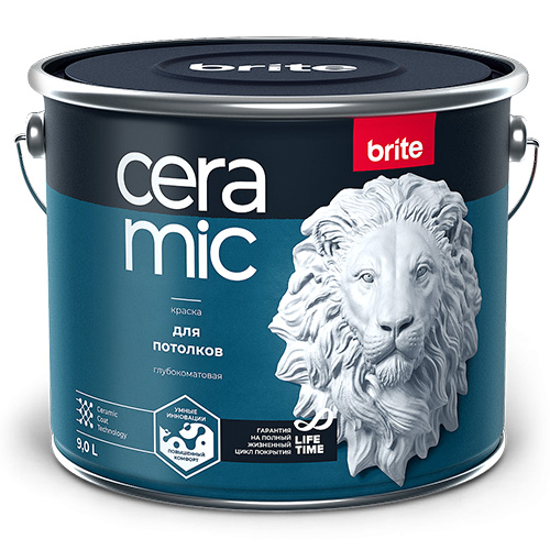Краска BRITE CERAMIC для потолков белая база А, ведро 9 л
