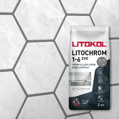 Затирка LITOCHROM 1-6 EVO, Оттенок LE.110 Стальной серый, мешок, 2 кг, LITOKOL